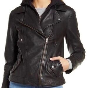 Caslon Real Leather Moto Jacket With Removable Hood Size XS